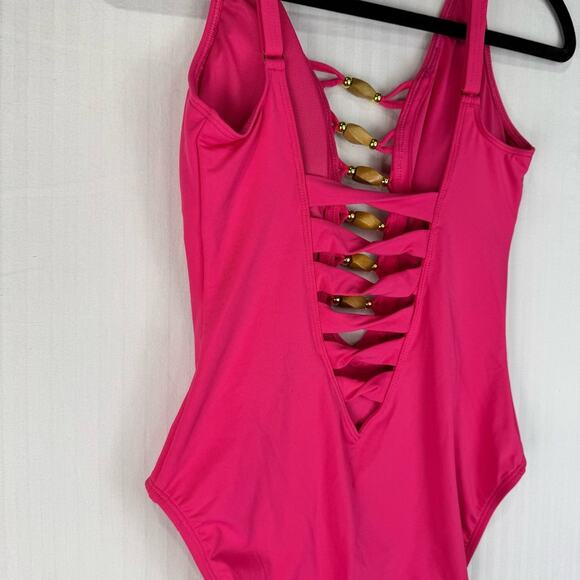 Bleu By Rod Beattie Kore Beaded Lace-Up Vibrant Pink One Piece Swimsuit Size 6 - Picture 4 of 7